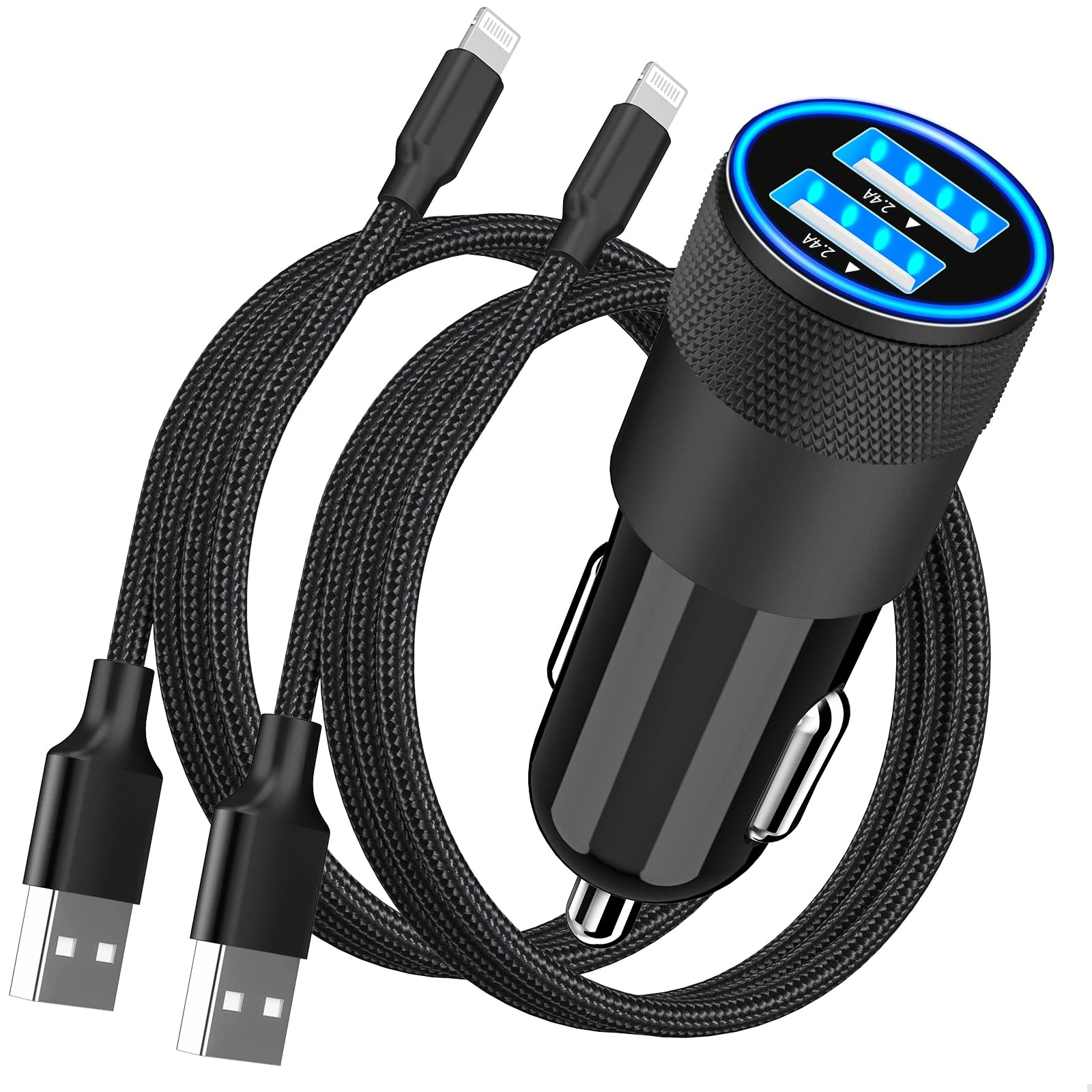 [Apple MFi Certified] iPhone Car Charger Fast Charging, Rombica 4.8A Dual USB Smart Power Cigarette Lighter USB Charger with 2Pack Lightning Braided Cable for iPhone 14 13 12 11 Pro XS XR X 8 SE iPad