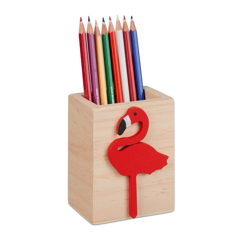Relaxdays Relxdays Pen Holder with Bright Flamingo, Stationery & Small Items Storage, Pine Wood, HWD: 10 x 8 x 6 cm, Natural/Red