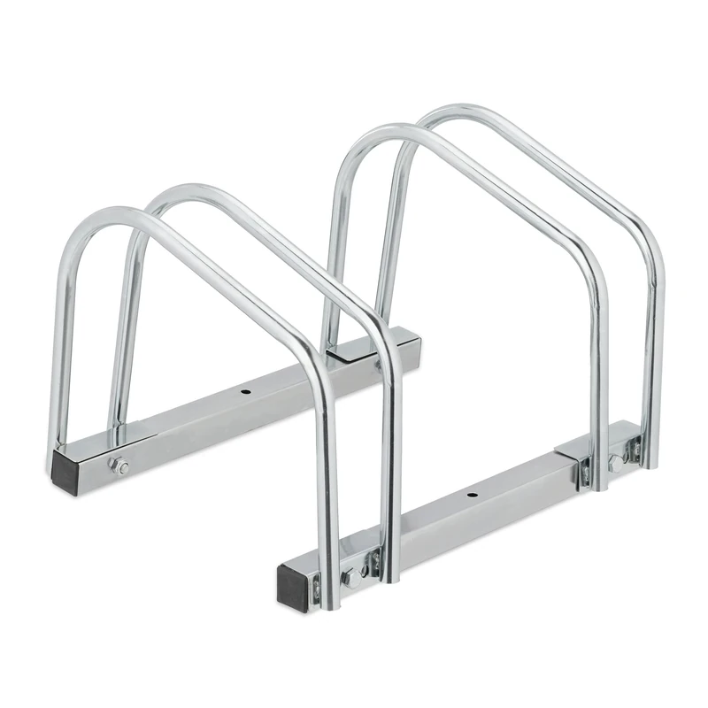 Relaxdays Floor Bike Rack, for 2 Bicycles, Wheel Width up to 60 mm, Metal, Outdoor Parking Stand, Garage, Steel, Silver, 26.5 x 40.5 x 33 cm
