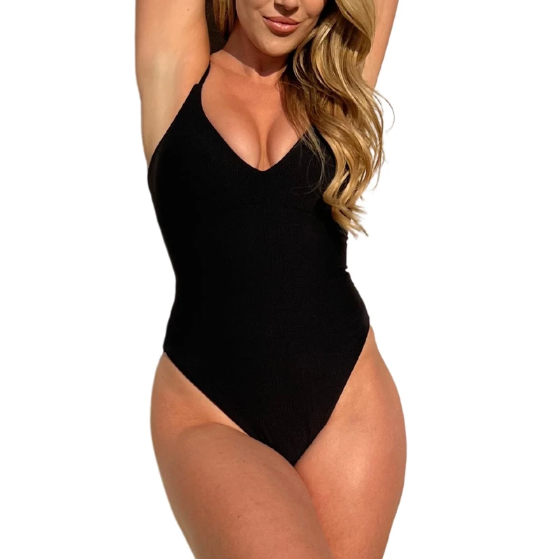 Epiphany LA Push Up & Tummy Control, Ribbed Shapewear One Piece Swimsuit with Lace Up Back Detail, Black (Ribbed), XS