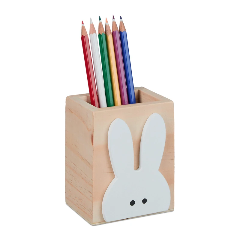 Relaxdays Relxdays Pen Holder, Cute Bunny Motif, Stationery & Small Items Storage, Pine Wood, HWD: 10 x 8 x 6 cm, Natural/White