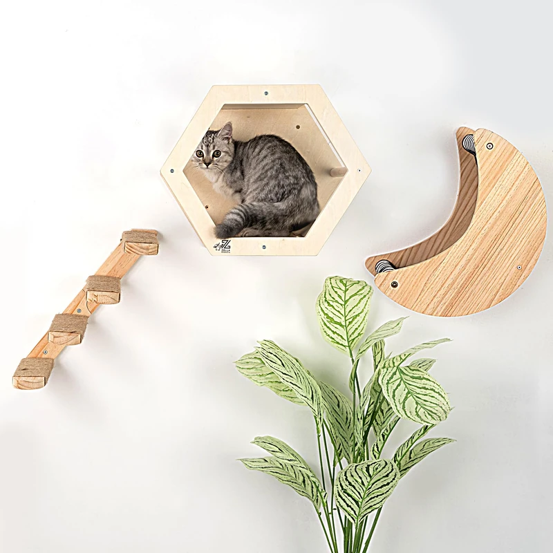 3-Piece Cat Wall Furniture Set - Hammock, Hexagon House, Climbing Steps - Wall Mounted Shelves, Perches, and Beds - Modern Design for Large Cats and Kittens