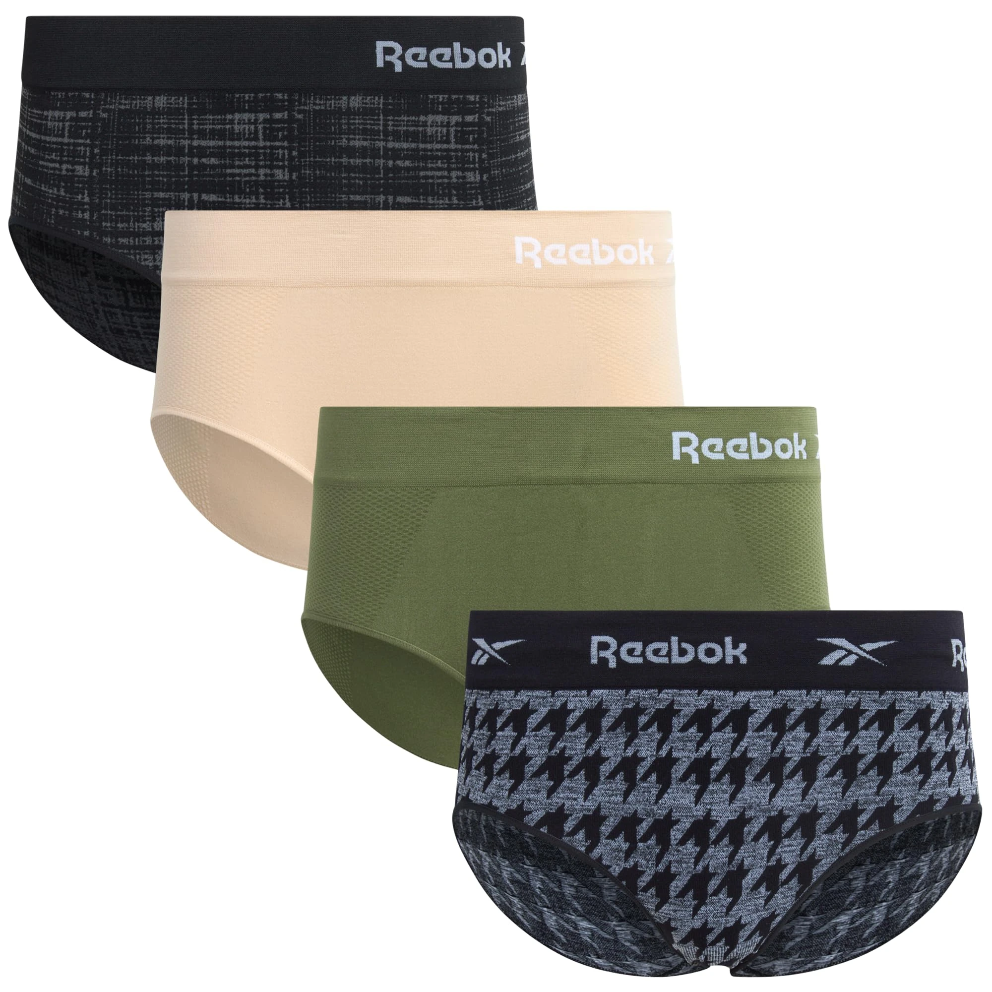 Reebok Womens Hipster Panties - 4 Pack Tag Free Stretch Performance Panties for Women - Stay-Put Seamless Underwear for Women, Black/Cream/Green/Grey, S