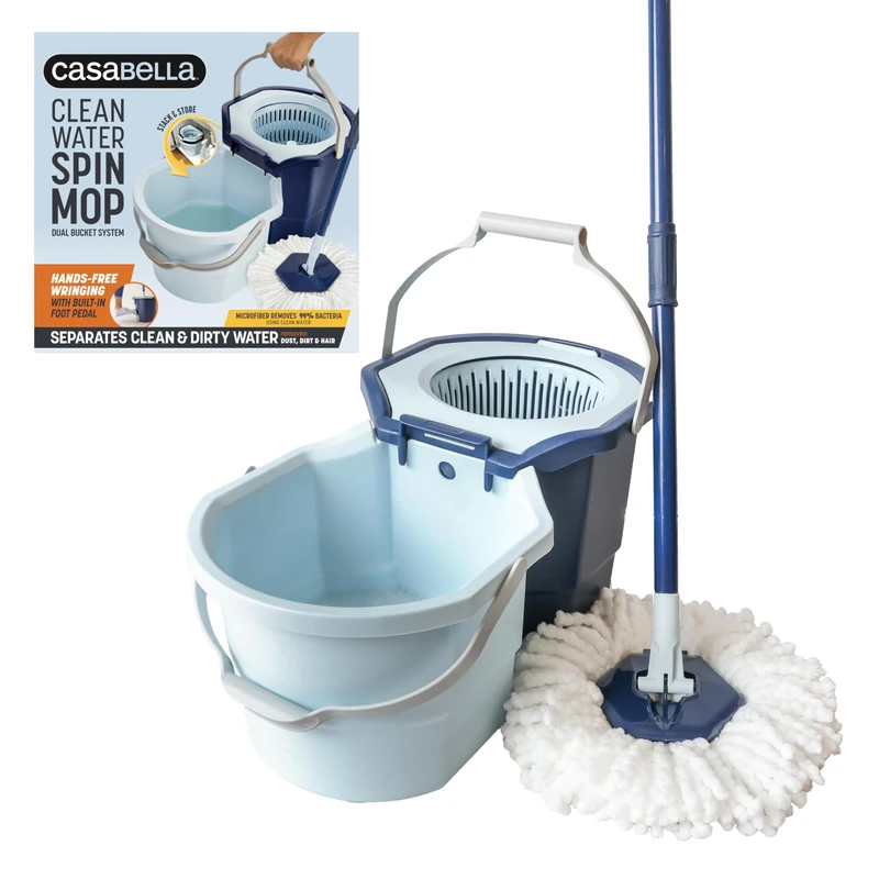 Casabella Clean Water Microfiber Spin Mop with 2-Bucket System, Blue/White