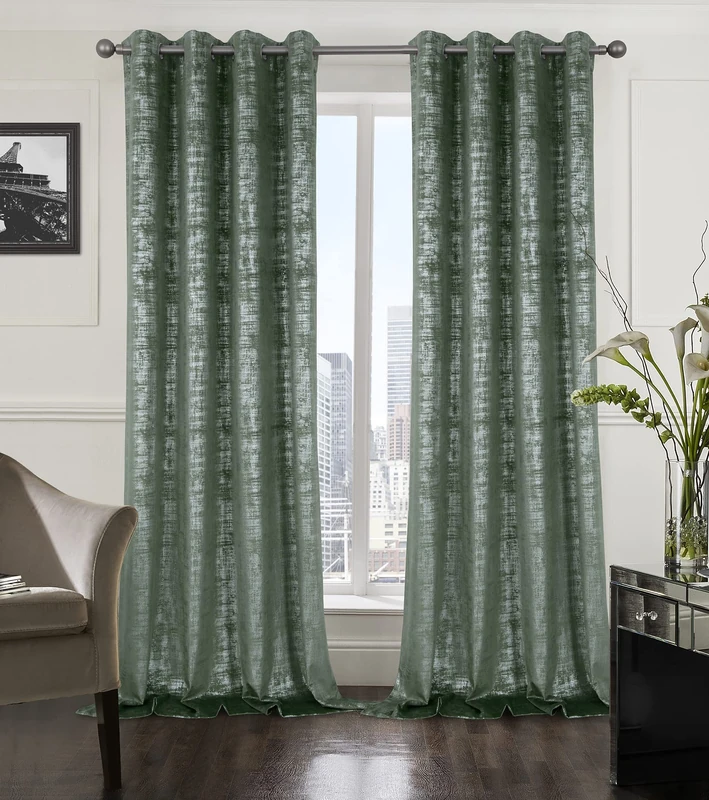 always4u Sage Green Soft Velvet Curtains 120 Inch Length Long Luxury Bedroom Curtains Silver Foil Print Window Curtains for Living Room Bedroom Set of 2