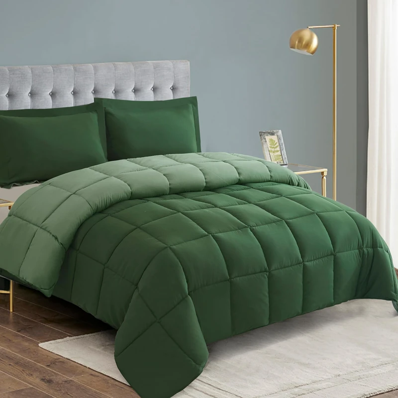 HIG 3 Pieces Green Reversible Duvet Super King - 260 x 220cm - Coverless Duvet with Baffle Box Design - 10.5 Tog Down Alternative Comforter Set with 2 Shams