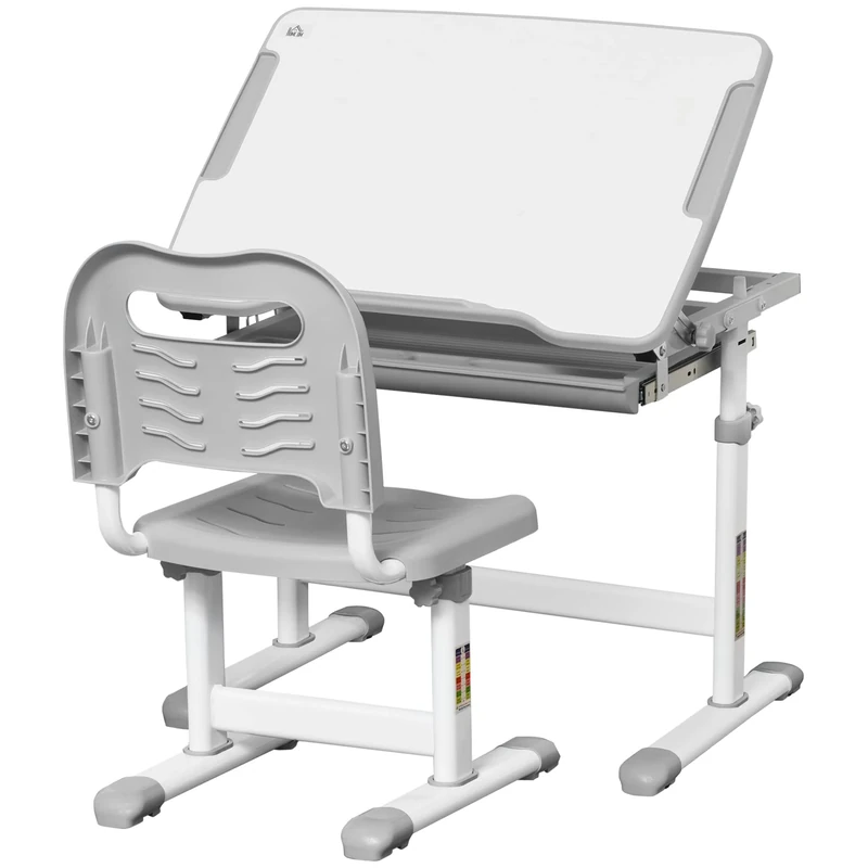 HOMCOM Kids Desk and Chair Set, Height Adjustable Student Writing Desk, Children School Study Table with Tiltable Desktop, Drawer, Pen Slot, Hook - Grey