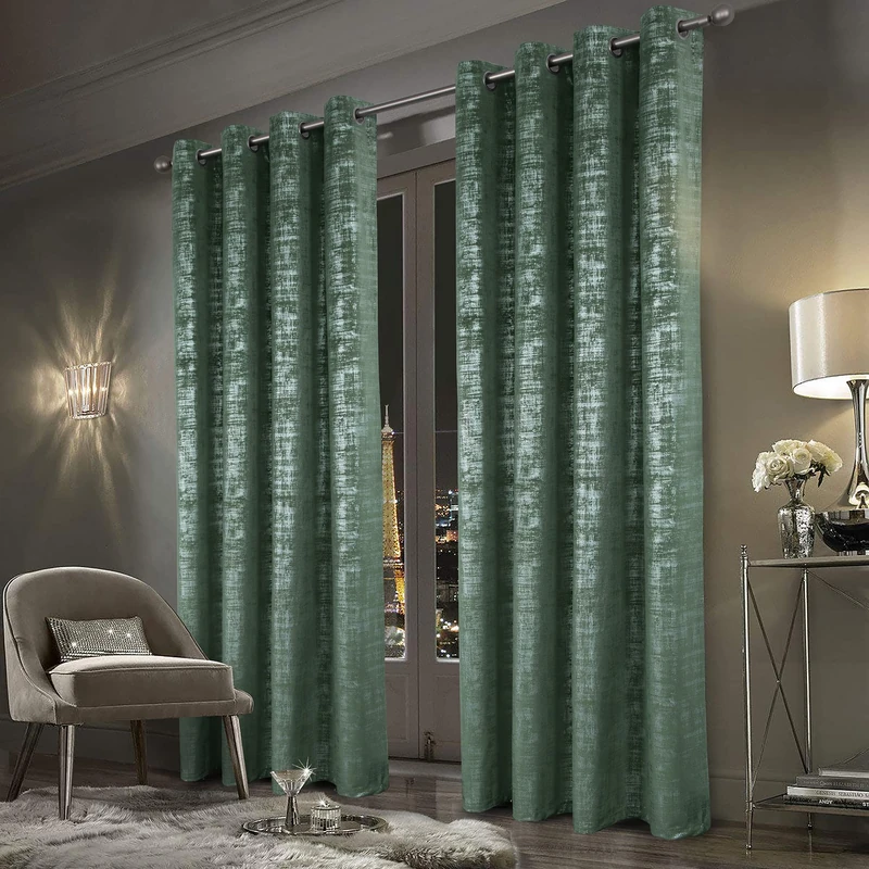 always4u Sage Green Soft Velvet Curtains 84 Inch Length Luxury Bedroom Curtains Silver Foil Print Window Curtains for Living Room Bedroom Set of 2