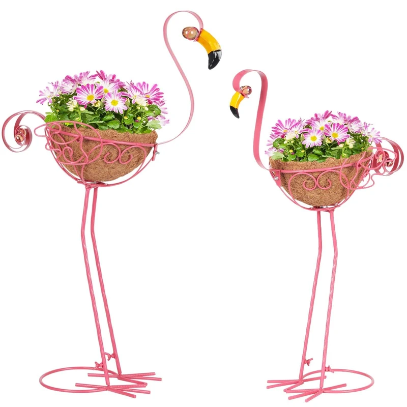 Kikth Set of 2 Flamingo Garden Bird Planters, Outdoor Flamingo Yard Decoration with Basket, Pink Flamingo Patio Metal Planter for Garden, Yard, Lawn, Patio, Porch