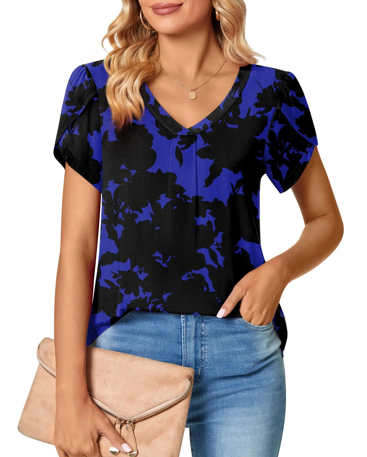 Bestbee Womens Short Sleeve Tops, Ladies Summer Tops Cute V Neck Shirts Casual T-Shirts Loose Fit Blouses, Blue Flower, L
