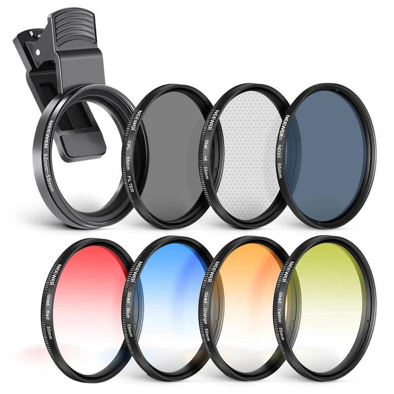 NEEWER 55mm ND/CPL/Effect Filter Set with Camera Lens Clamp Clip, Polarizing ND32 6 Point Star 4 Graduated Colour Filters Set Compatible with 16 15 14 Pro Max Plus 13 12 Samsung
