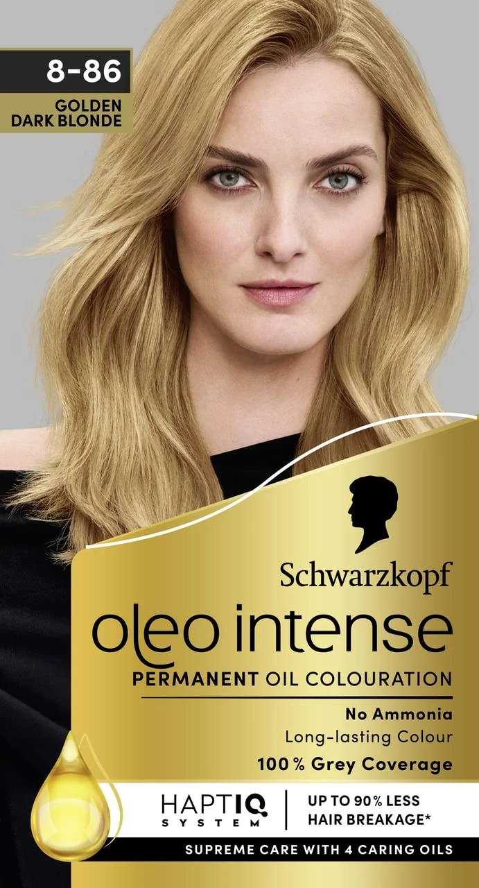 Schwarzkopf Oleo Intense Permanent Oil Colour 8-86 Golden Dark Blonde Hair Dye, 100% Grey Coverage, Conditioner with HaptIQ System, Long-Lasting Colour, Ammonia Free Hair Dye