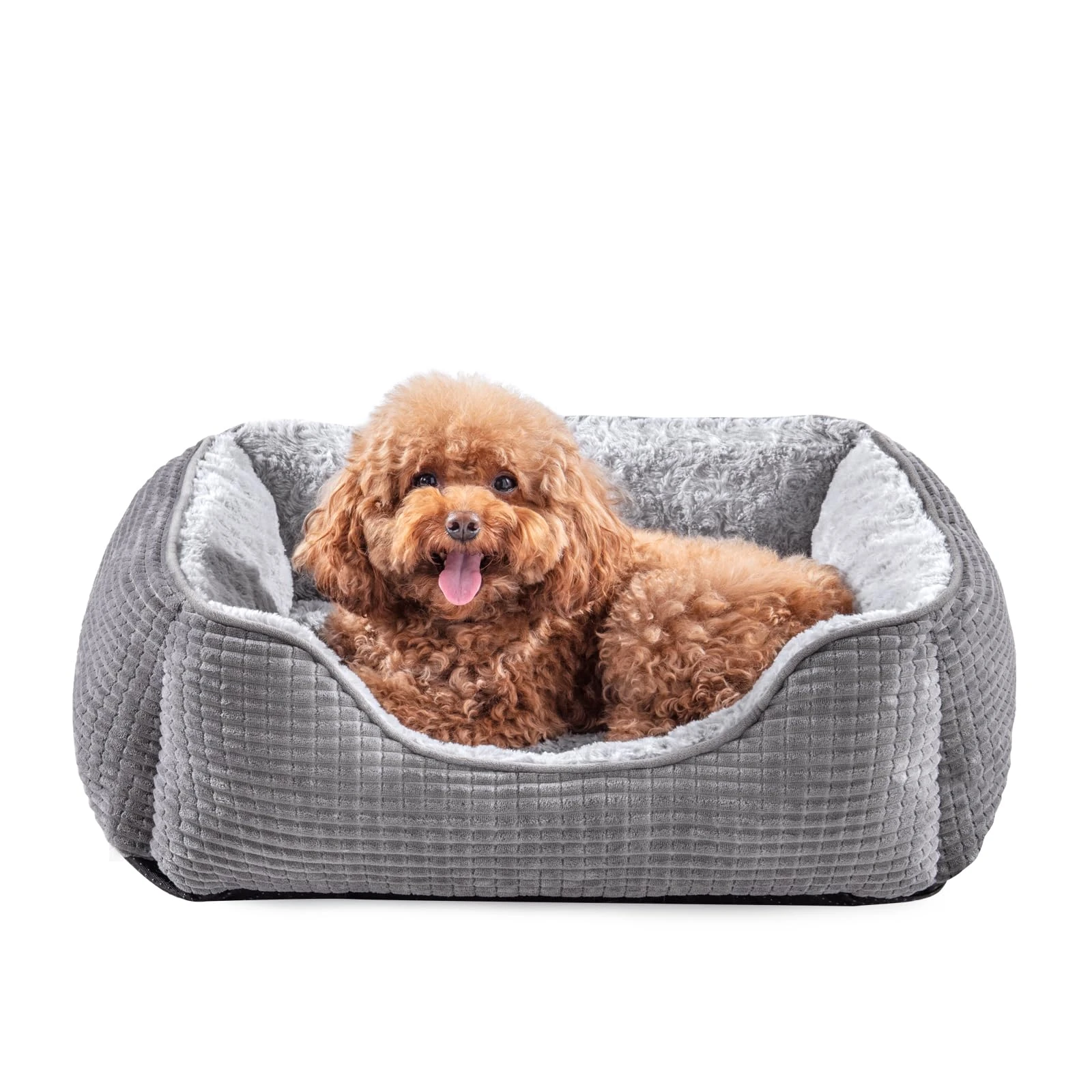 JOEJOY Medium Dog Bed Washable Pet Bed, Orthopedic Calming Dog with Raised Edges Rectangle Bed Non-Slip Bottom Puppy Bed, Soft Rose Velvet Pet Bed For Medium Dogs, Grey, 63x53x21 cm