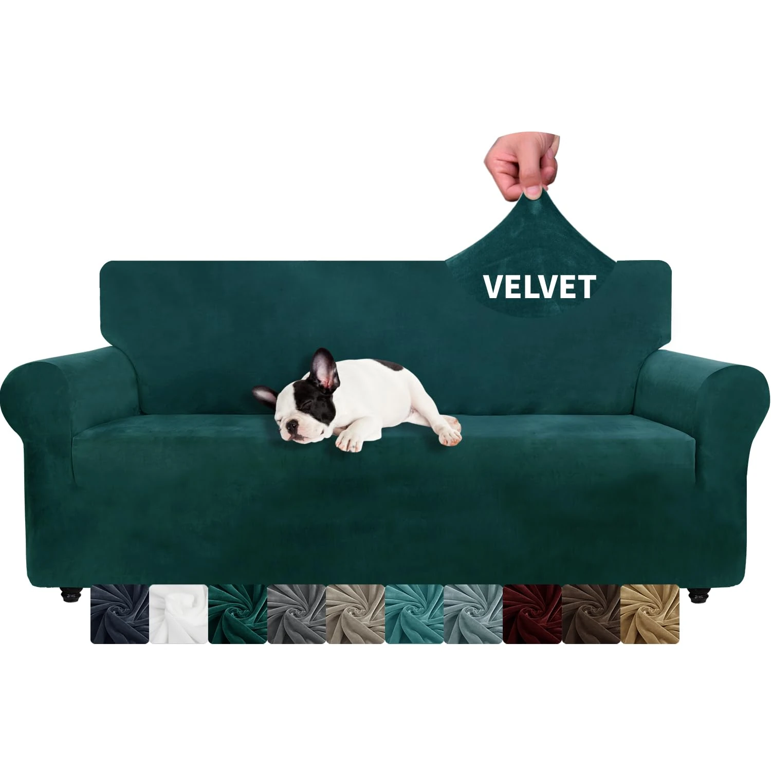 XINEAGE 1 Piece Velvet Couch Covers for 3 Cushion Couch Living Room High Stretch Sofa Cover Pets Dogs Friendly Anti Slip Thickened Slipcovers Furniture Protector (3 Seater, Blackish Green)