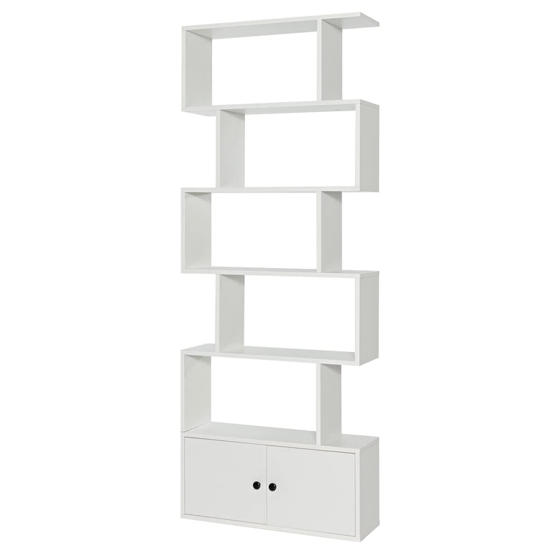 CASART 5/6 Tier Wooden Bookcase, Free Standing Shelving Stand Rack, S-Shaped Bookshelf Storage Display Unit (White,70 x 23 x 183cm)