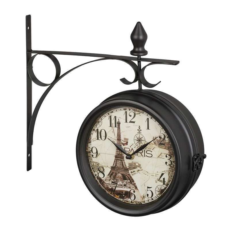 Relaxdays Double-Sided Wall Clock, Train Station Design, Retro, Battery, Analogue, Vintage Deco, HWD: 34x35x10 cm, Black