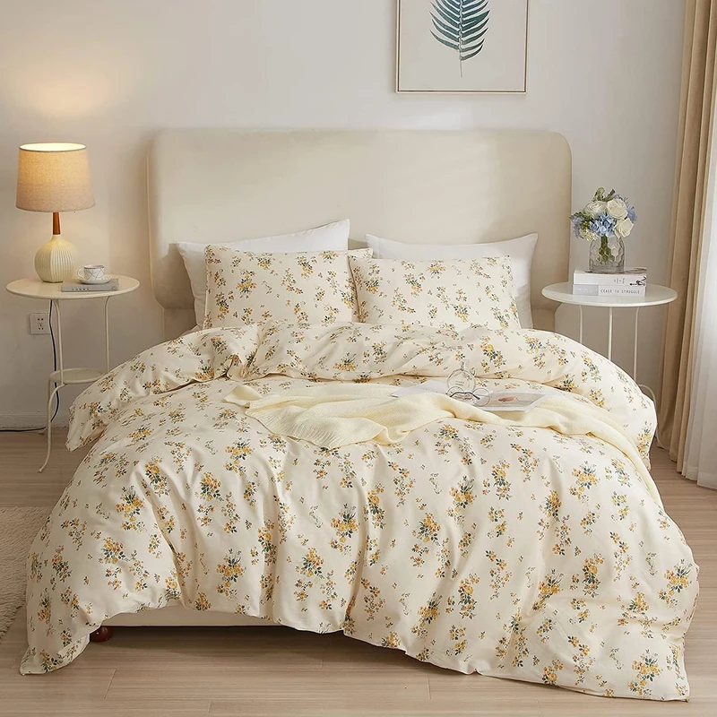 HighBuy 3 Pieces Duvet Covers Queen Size Yellow Floral Duvet Cover Set,Ultra Soft Cotton Bedding Set Botanical Printed Soft Aesthetic Bed Cover with Zipper Closure 4 Ties All Season
