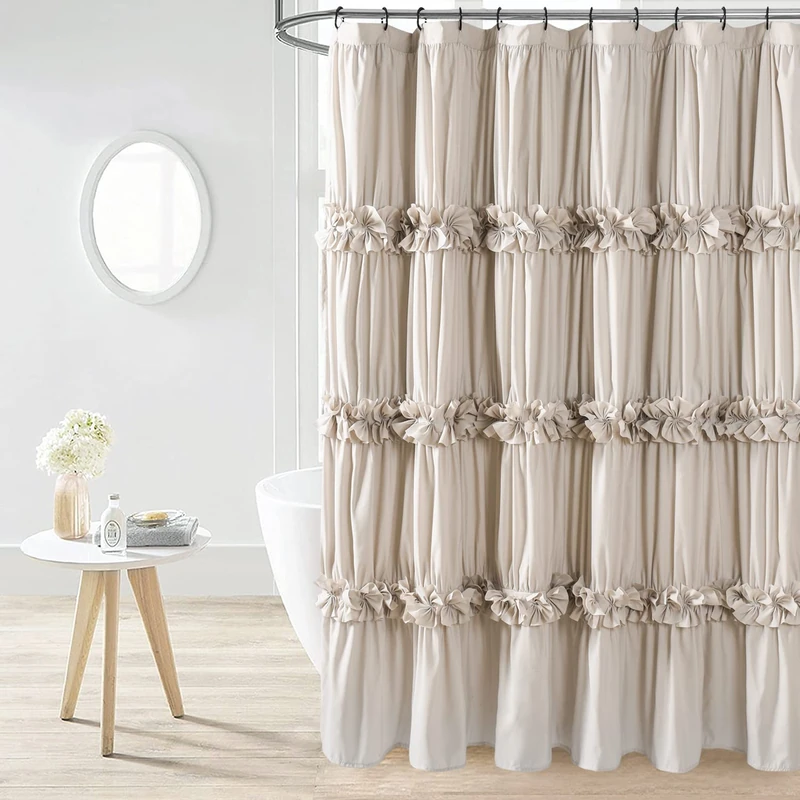 Homechoice Decor Camel Ruffle Shower Curtain, Vintage Handcrafted Bow Tie Bath Curtain for Master Bathroom, Ruched Microfiber Bathroom Curtain with 12 Buttonholes, 72" W x 84" H (LQ-10)