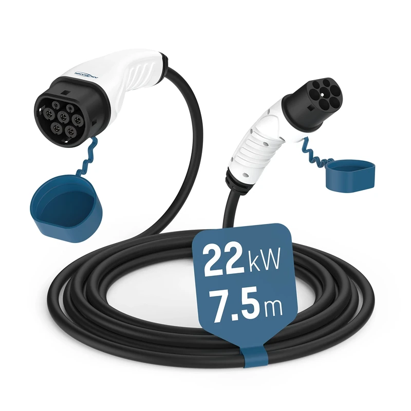 ANSMANN Charging Cable Type 2 with 22 kW for Hybrid & Electric Car/Type 2 Car Charging Cable 7.5 Metres, 3 Phase, Compatible with Electric Cars & Hybrid Cars, such as Tesla Model 3, e-Up, ID.3,