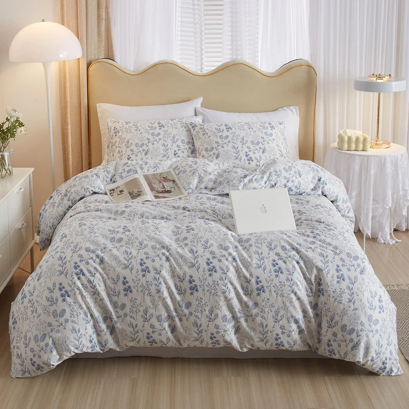 HighBuy 3 Pieces Duvet Cover Queen Size White Duvet Cover with Blue Floral Print,Soft Cotton Comforter Cover Boho Style,Aesthetic Queen Bedding Set with Zipper Closure 4 Ties