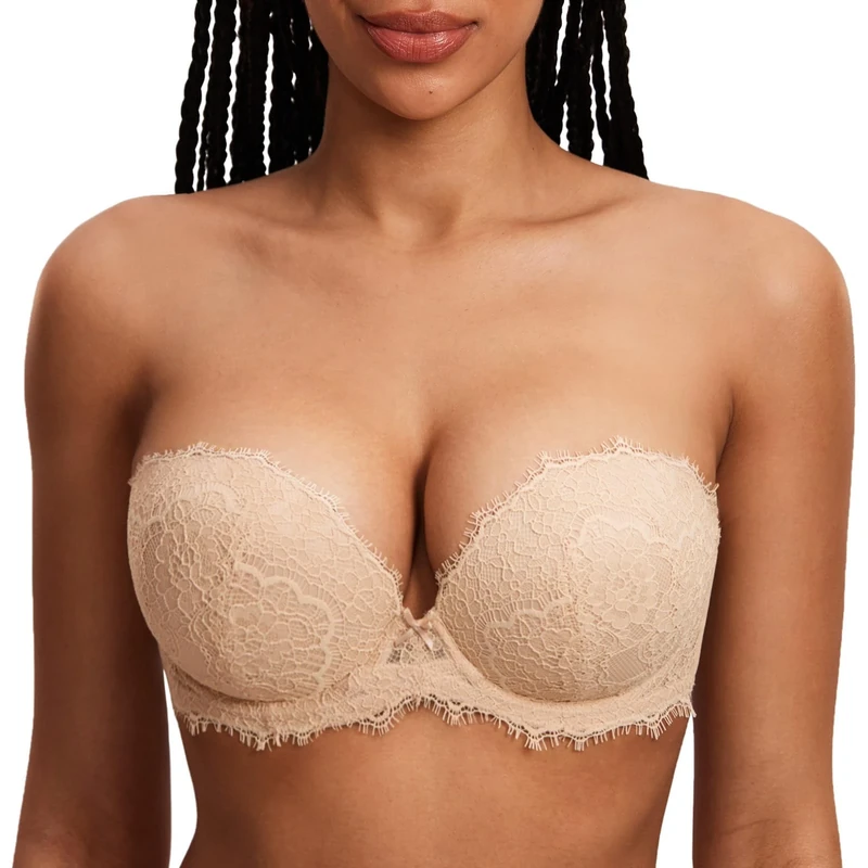 DOBREVA Women's Strapless Push Up Bra Lace Underwire Padded Plunge Silicone Bandeau Bra Beige 40D