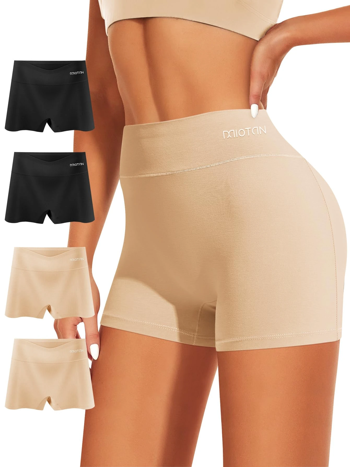 MIOTAN Boy Shorts Underwear for Women High Waisted Panties Cotton Boxer Briefs Full Coverage 4 Pack, Black, Black, Nude, Nude, XXL