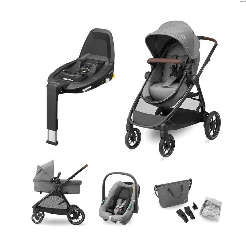 Maxi-Cosi Zelia S Trio 3-in-1 Travel System, FamilyFix3 Base Bundle - Baby Pushchair Travel System incl. CabrioFix S i-Size Car Seat, 0 - 4 Years, Up to 22 kg, Grey + FamilyFix3 ISOFIX Base, Black
