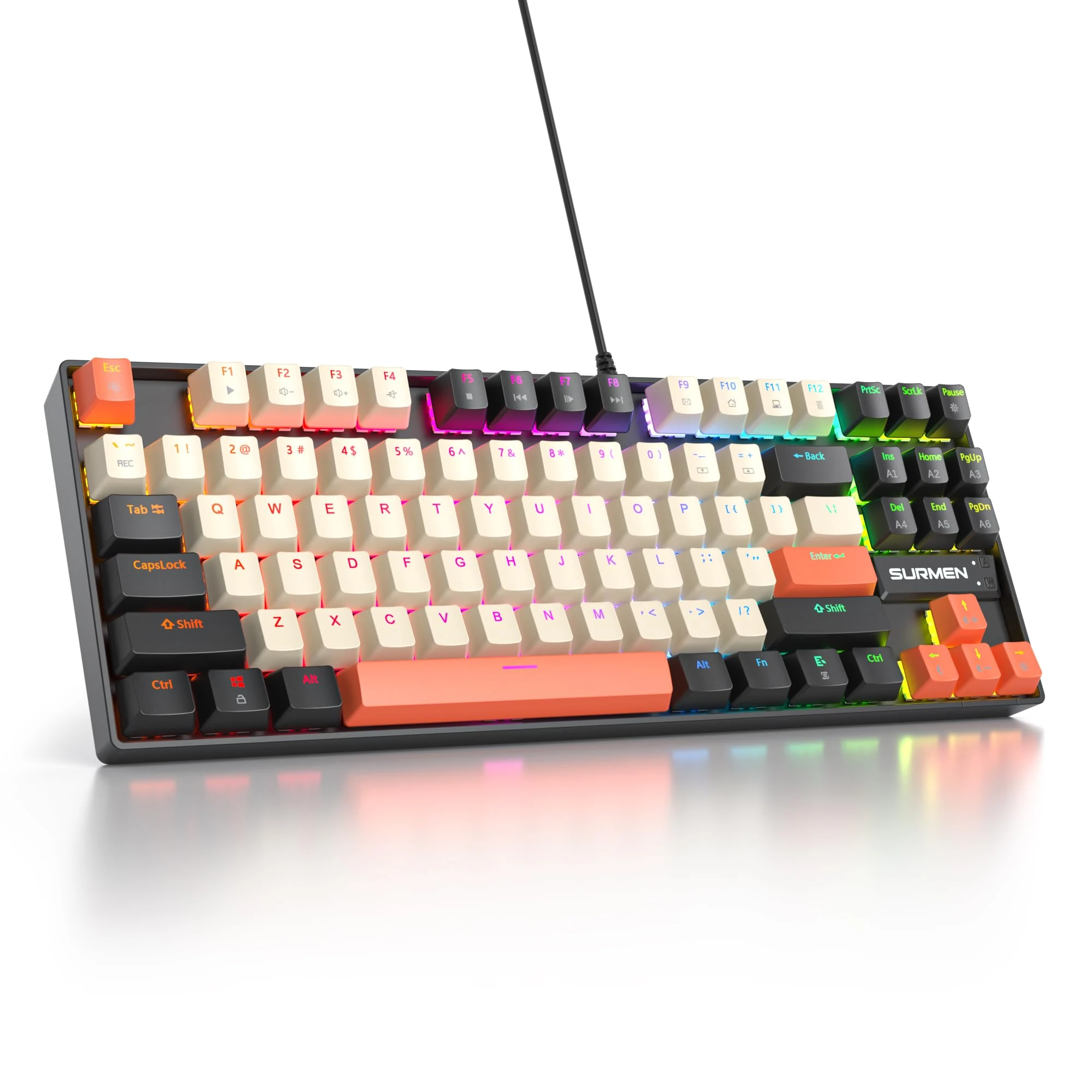 SOLIDEE Portable 80% Mechanical Gaming Keyboard,87 Keys Compact RGB LED Backlit Wired Keyboard with USB Cable,Office Keyboard with Linear Red Switch for Windows PC(87 Large Carbon)