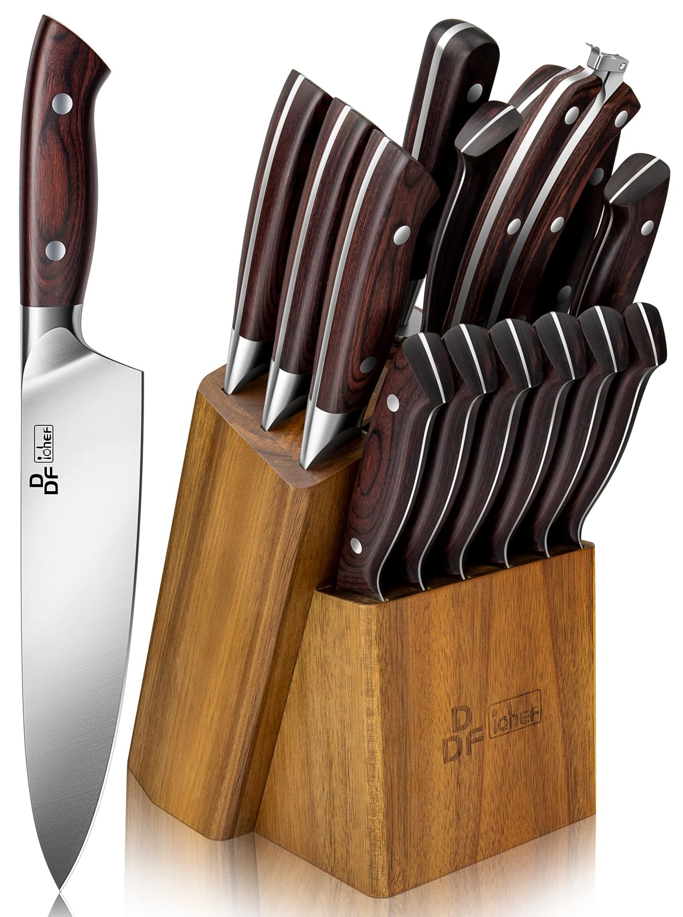 DDF iohEF Kitchen Knife Set, 16-Piece Knife Sets for Kitchen with Block Japanese Stainless Steel Knives Set with Sharpener Ultra Sharp Professional Chef Knife Set with Ergonomic Handle for Cutting
