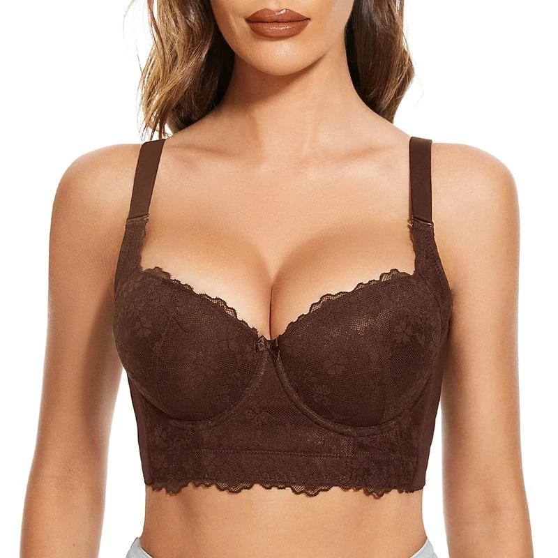 FallSweet Push Up Bras for Women Lace Plus Size Wide Back Underwire Longline Corset Bra(Brown, 44DD)