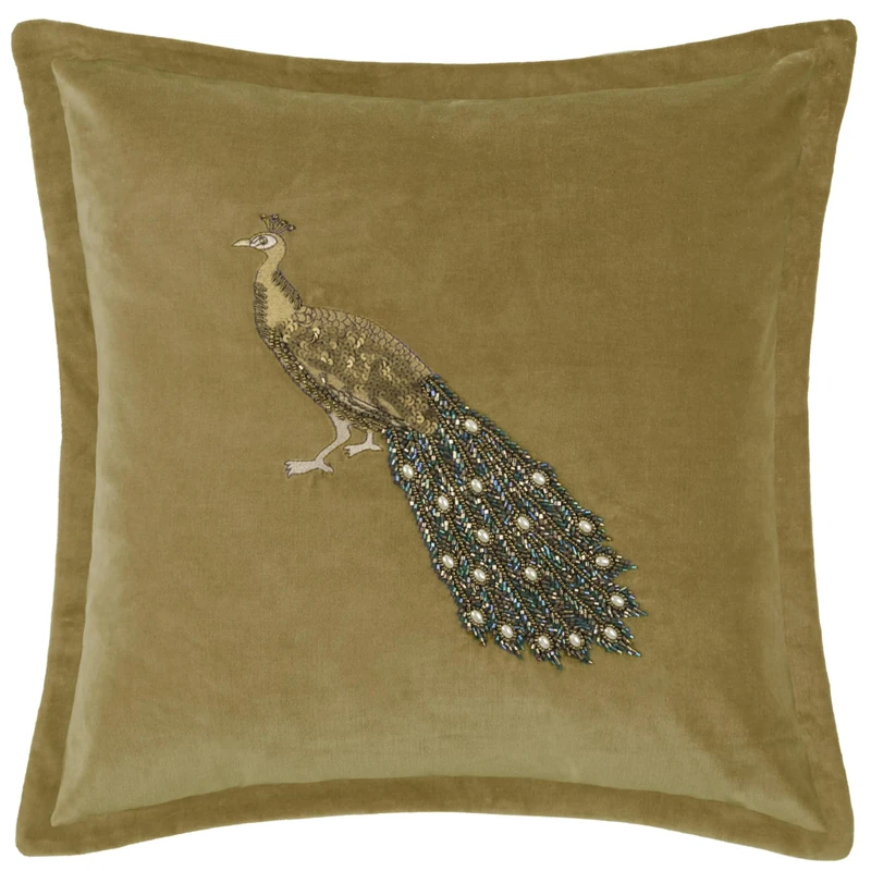 Voyage Maison Mayura Feather Filled Cushion – Velvet Embroidered Peacock Oxford Edge Anahita Luxury Décor (Mustard - 55x55cm)