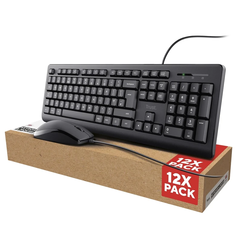 Trust Taro 12 Pack - 12x Wired Keyboard and Mouse Set - Qwerty UK Layout, Full-Size Keyboard, Spill-Resistant, 1.8 m Cable, USB Plug and Play, Quiet Combo for PC and Laptop - Black
