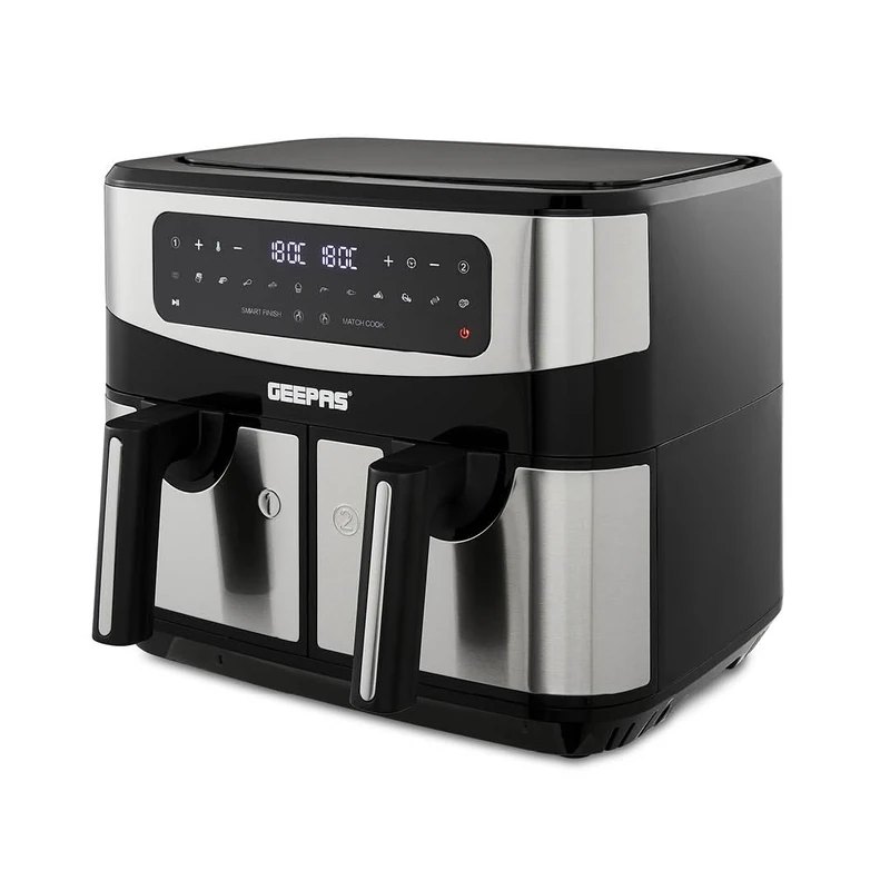 Geepas Dual Zone Air Fryer - 9L XL Capacity, 2 Drawers, 10-In-1 Cooking Presets, Touch Screen, Smart Finish, Timer Function, Dishwasher-Safe, Healthy Oil Free & Low Fat Cooking