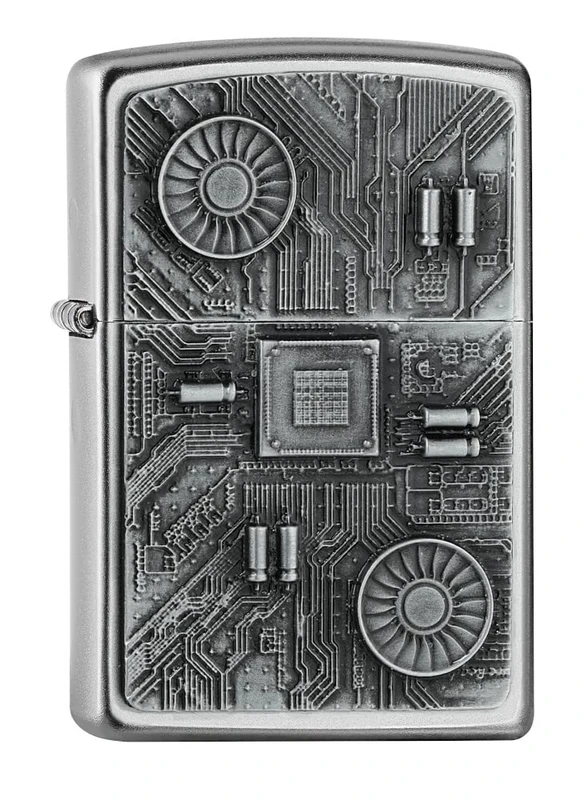Zippo - Windproof Lighter, Computer Board, Satin Chrome, Emblem, Refillable, Reusable, Windproof Design, Gift Box, Made in the USA