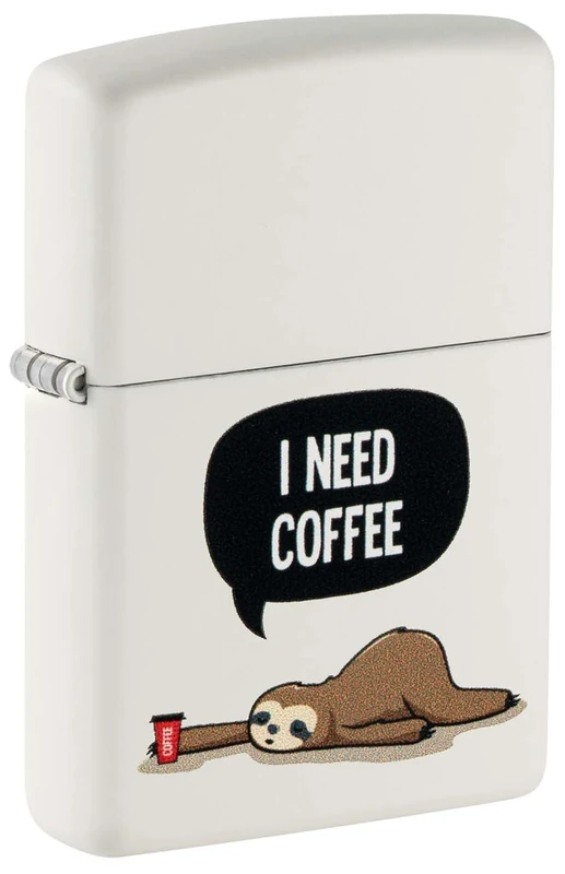 Zippo - Windproof Lighter, Coffee Sloth Design, Matt White, Colour Image, Refillable, Reusable, Windproof Design, Gift Box, Made in the USA
