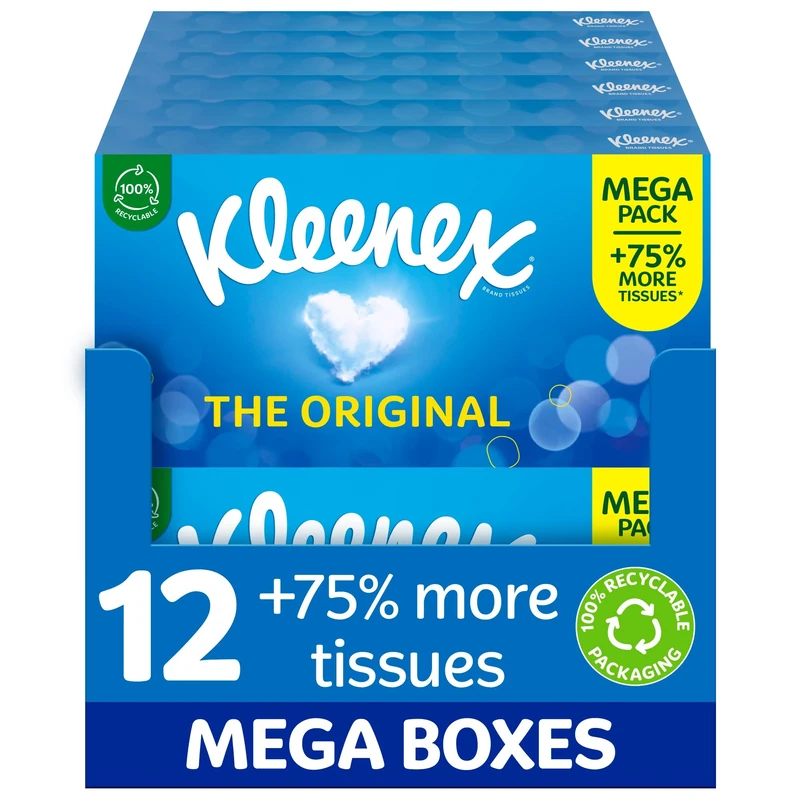 Kleenex® Original Tissues, Mega Pack – 1,344 Sheets (12 Boxes x 112 Sheets) - Always Soft & Strong for Everyday Use - Now 75% More Tissues in a Box