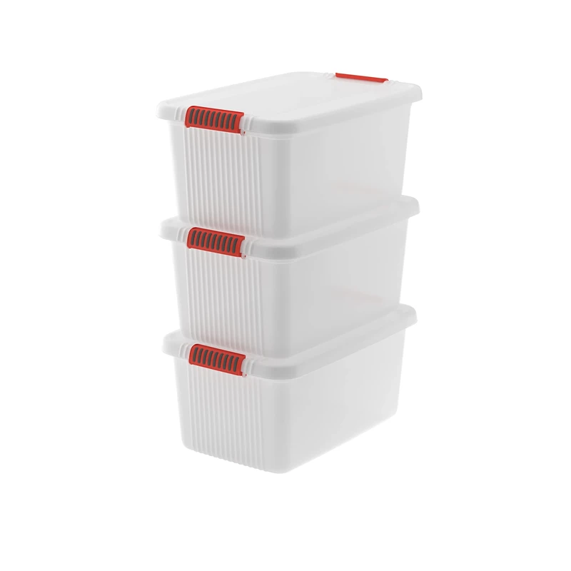 Keter Set of 3 Plastic Storage Boxes with Lids K-Latch L, Transparent, with Handles, Ideal for Clothes and Storage Suitable for Cabinets and Garages, 43 L, 59 x 39 x 28H cm
