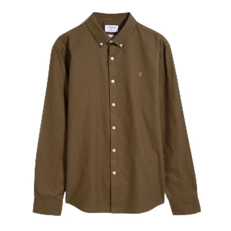 Farah - Men's Shirt, Brewer Slim Fit, Organic Cotton, Indigo Oxford Shirt, Casual-Style Shirt, Green Khaki, XXL
