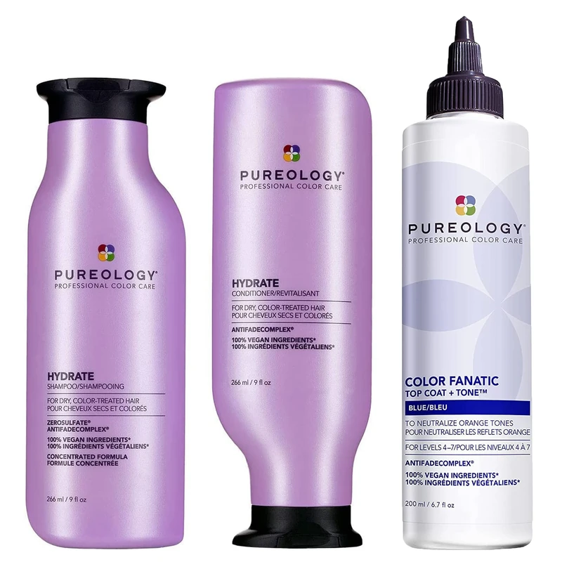 Pureology Hydrate Shampoo, Color Fanatic Top Coat and Tone Glaze Blue and Hydrate Conditioner