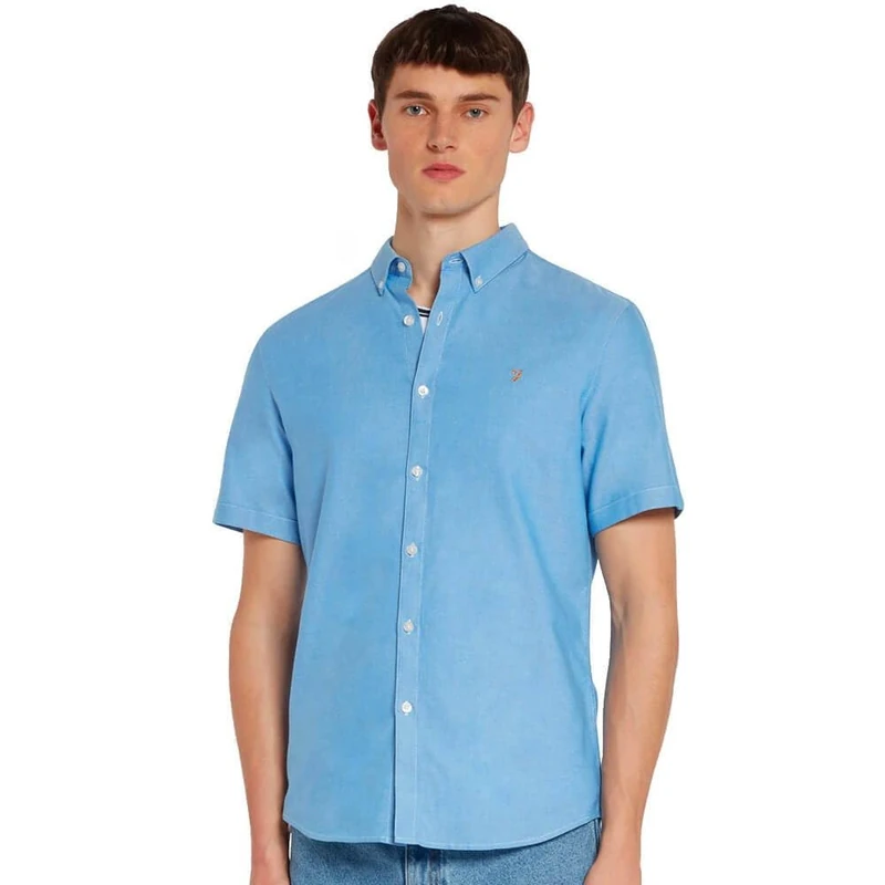 Farah - Men's Oxford Shirt, Brewer Short Sleeve Slim Fit, Organic Cotton, Casual or Work Shirt, Mid Blue, XS - Image 1