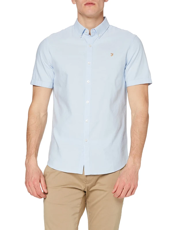 Farah - Men's Oxford Shirt, Brewer Short Sleeve Slim Fit, Organic Cotton, Casual or Work Shirt, Sky Blue, XXS
