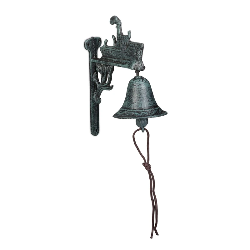 Relaxdays Cast Iron Door Bell, Antique Design, Hanging Doorbell with Ship, for Outdoors, with Rope, Wall Mounted, Green - Image 1