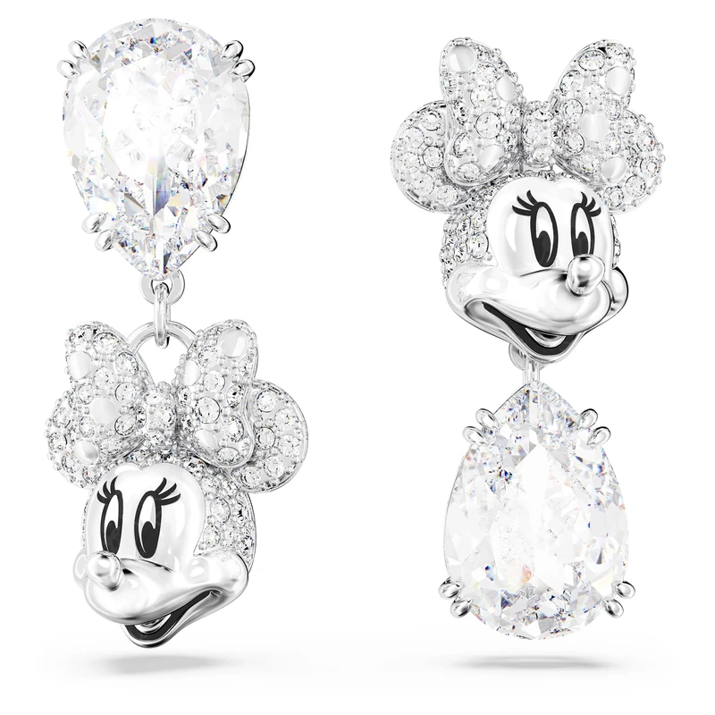 Swarovski Disney100 Minnie Mouse Drop Pierced Earrings, White Pear-Shaped Crystal and Clear Crystal Pavé, Asymmetrical Design, Rhodium Plated Setting, from the Disney100 Collection - Image 1