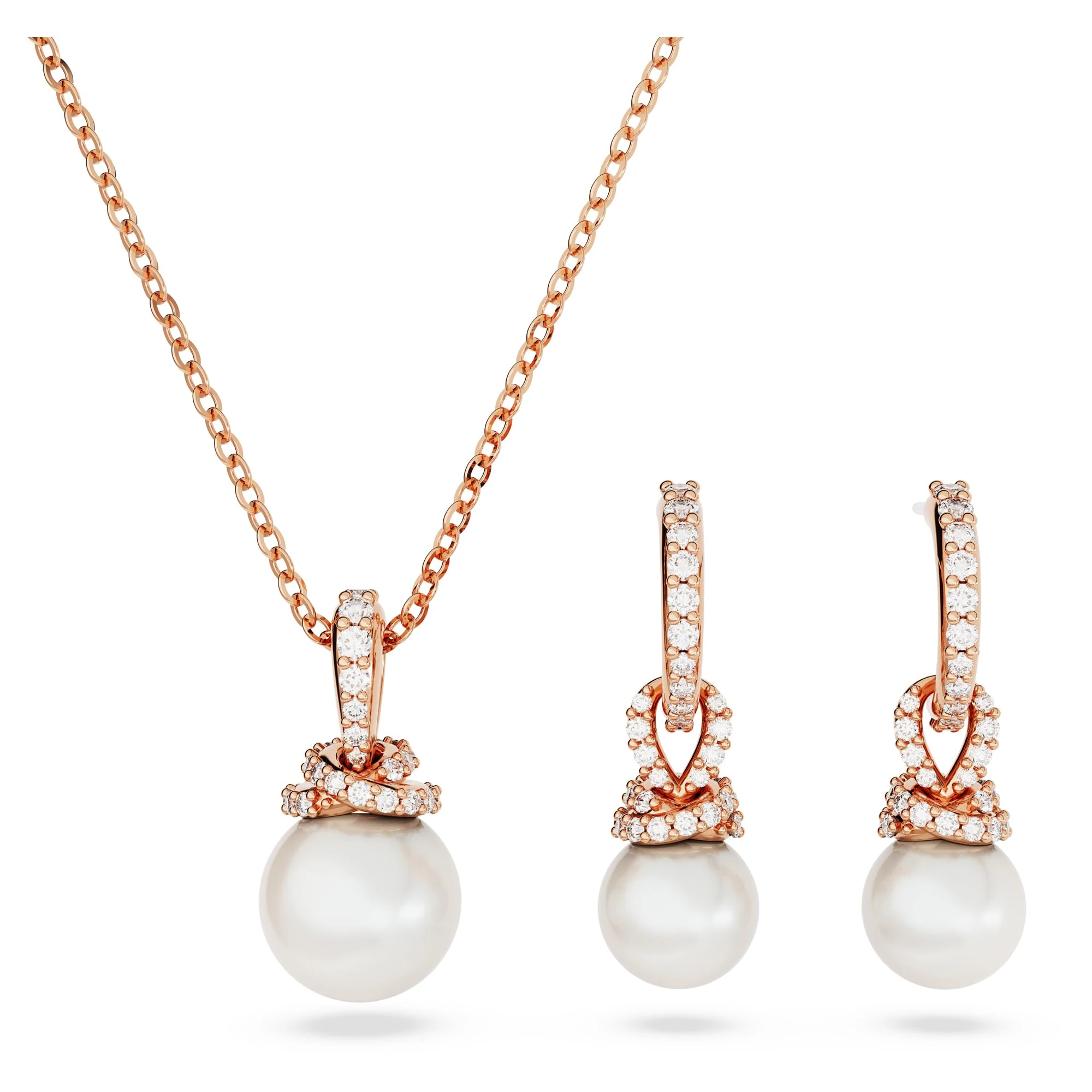 Swarovski Originally Hoop Earrings and Pendant Necklace Set, Crystal Pearl and White Crystal Pavé, Rose Gold-Tone Plated Setting, from the Originally Collection