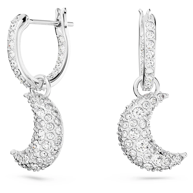 Swarovski Luna Drop Earrings, Crescent Moon Motif with White Pavé Stones in a Rhodium Plated Setting, from the Swarovski Luna Collection