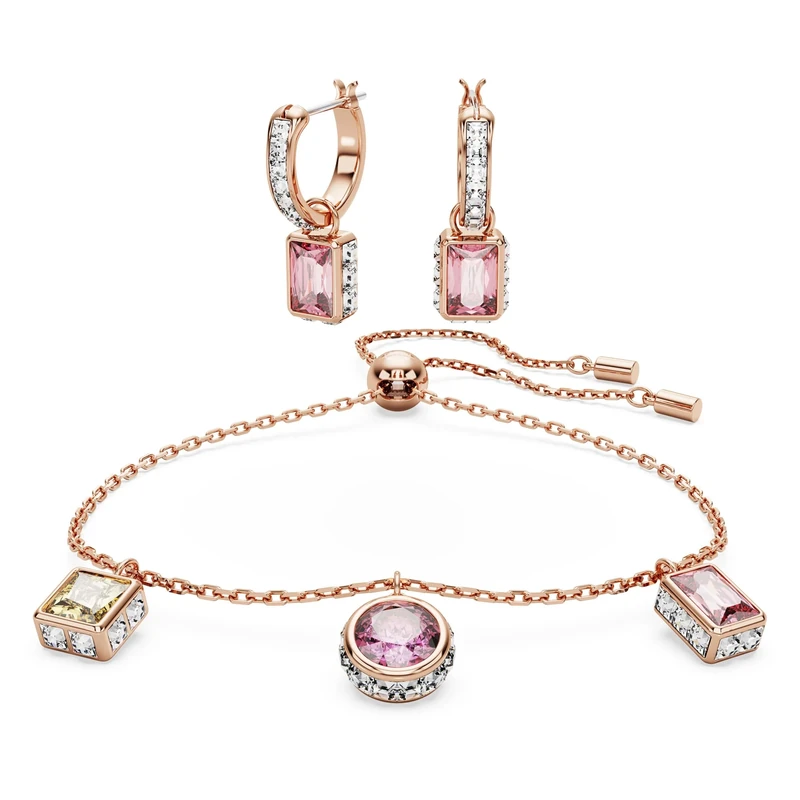 Swarovski Stilla Bracelet and Drop Earrings Set, Pink and Gold Crystals in Mixed Cuts with Crystal Pavé, Rose Gold-Tone Plated Setting, from the Swarovski Stilla Collection