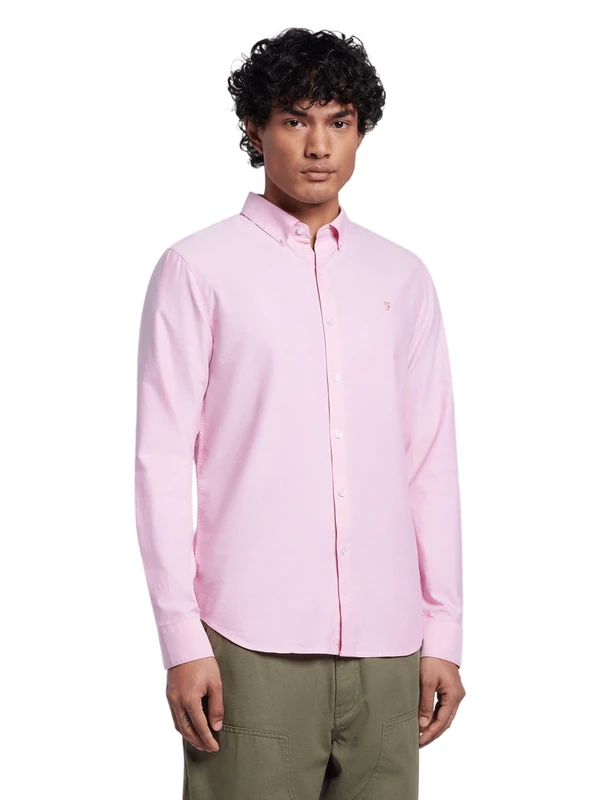 Farah - Men's Oxford Shirt, Brewer Slim Fit Organic Cotton, Long Sleeve, Casual or Work Shirt, Coral Pink, M - Image 1