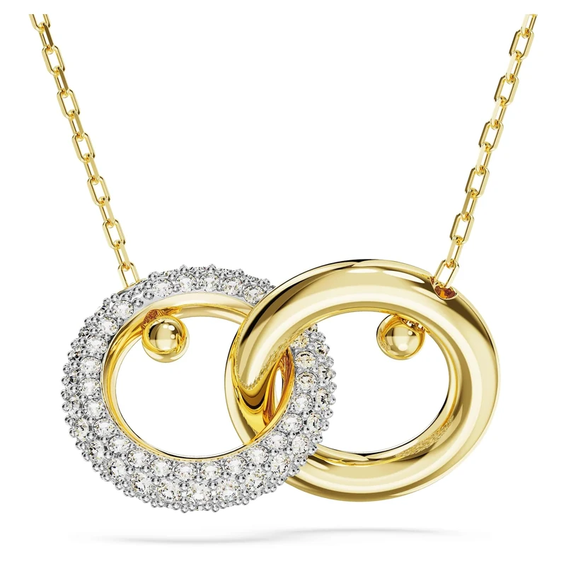 Swarovski Dextera Pendant Necklace, White Pavé Crystals Interlocked with a Gold-Tone Plated Ring on a Gold-Tone Plated Chain, from the Dextera Collection