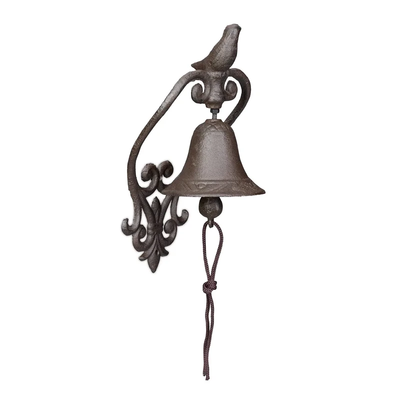 Relaxdays Cast Iron Door Bell, Antique Design, Hanging Doorbell with Bird, for Outdoors, with Rope, Wall Mounted, Brown, 27 x 13 x 12 cm