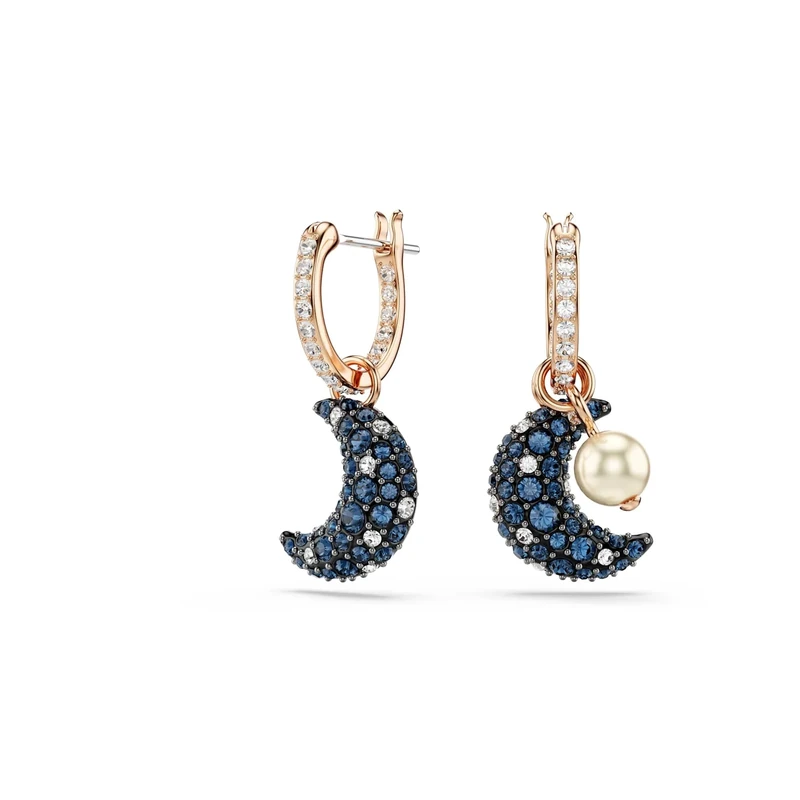 Swarovski Luna Drop Earrings with Crescent Moon Motif and Crystal Pavé in Dark Tones, Asymmetrical Design, Rose Gold-Tone Plated Setting, from the Swarovski Luna Collection